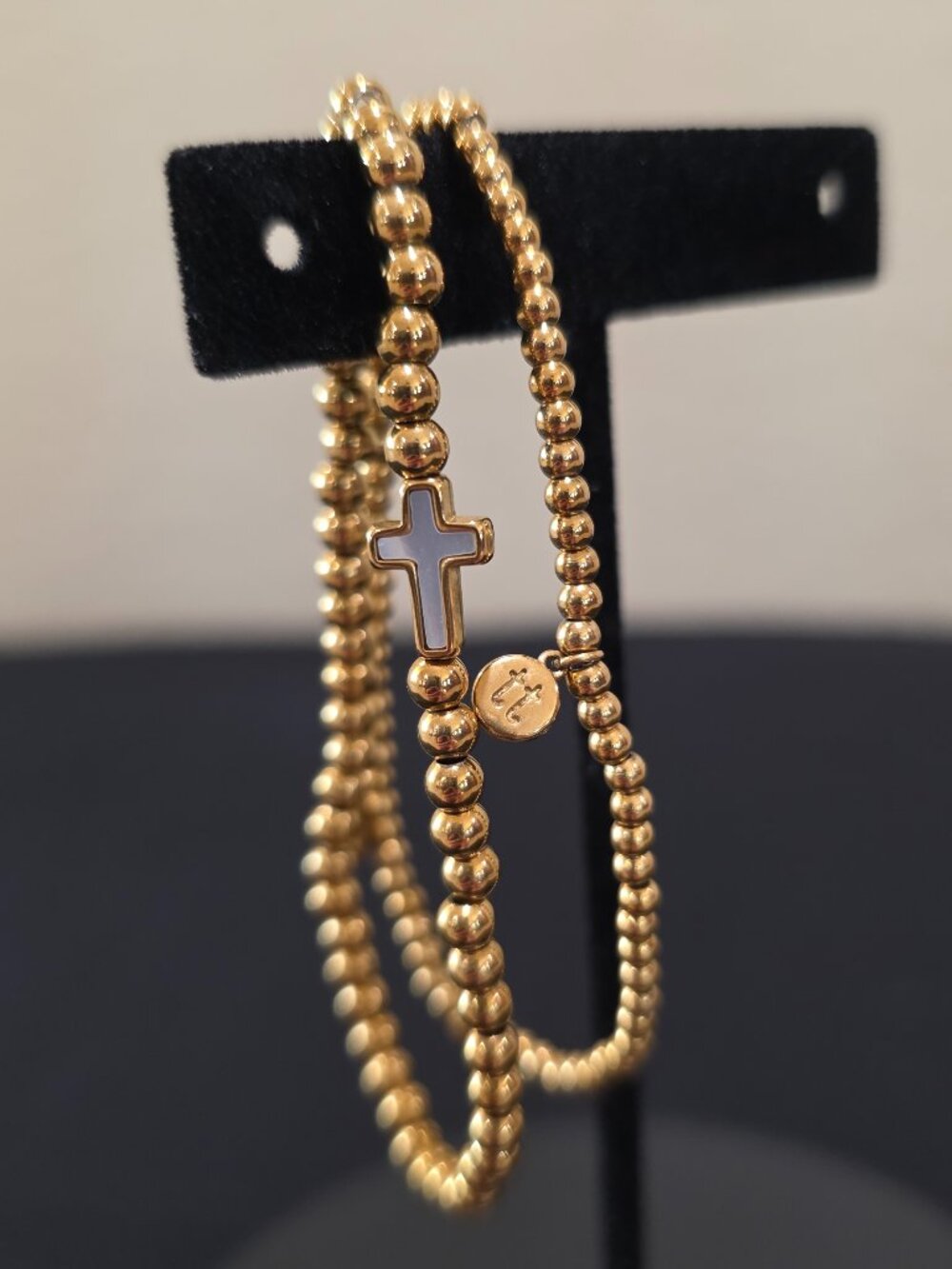 Tiny Tags 14k Gold Ion Plated MOP Inlay Cross Beaded Stretch Bracelet Set of 2